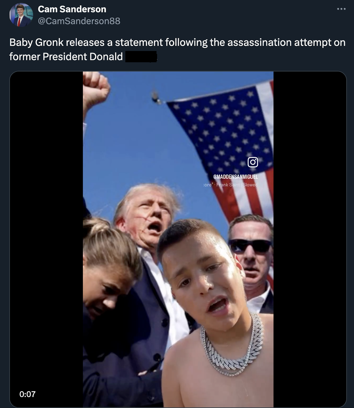 Donald- Cam Sanderson Baby Gronk releases a statement ing the assassination attempt on former President Donald O Maddenganmu